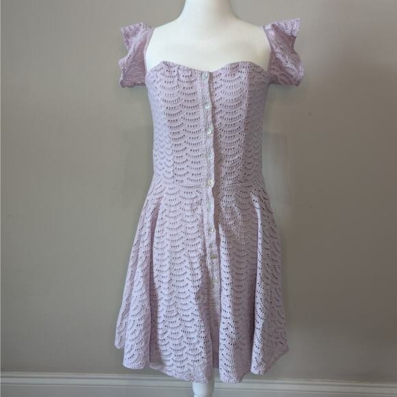 Gianni Bini Dresses & Skirts - Gianni Bini Lilac Purple Eyelet Overlay Off Shoulder Fit & Flare Mini Dress Med